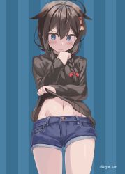 Rule 34 | 1girl, ahoge, alternate costume, black sweater, blue background, blue hair, blush, braid, brown hair, closed mouth, clothes lift, denim, denim shorts, hair between eyes, hair flaps, hair ornament, highres, kantai collection, lifted by self, long sleeves, navel, ribbed sweater, shigure (kancolle), shigure kai ni (kancolle), short shorts, shorts, simple background, single braid, solo, striped, striped background, sugue tettou, sweater, sweater lift, twitter username