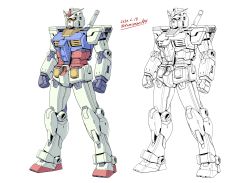 Rule 34 | clenched hands, dated, gundam, highres, kamizono (spookyhouse), lineart, mecha, mobile suit gundam, multiple views, no humans, robot, rx-78-2, standing, twitter username, white background, yellow eyes