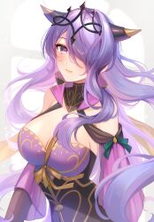 Rule 34 | 1girl, :d, bare shoulders, breasts, camilla (alluring darkness) (fire emblem), camilla (fire emblem), cleavage, commentary request, dress, fake horns, fire emblem, fire emblem fates, fire emblem heroes, hair over one eye, highres, horns, large breasts, long hair, long sleeves, looking at viewer, nintendo, official alternate costume, open mouth, purple dress, purple eyes, purple hair, satoimo chika, smile, solo, upper body, very long hair