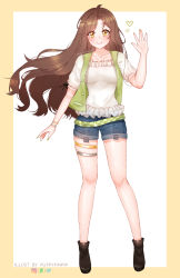 Rule 34 | 1girl, artist name, black footwear, blush, breasts, collarbone, commentary, commission, denim, denim shorts, deviantart logo, full body, heart, highres, instagram logo, large breasts, long hair, looking at viewer, original, puppypaww, shirt, shoes, short sleeves, shorts, simple background, sketch, smile, solo, thigh strap, twitter logo, white background, white shirt, yellow background
