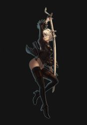 Rule 34 | 1girl, arm up, black background, black blindfold, black footwear, black gloves, black hairband, black theme, blindfold, blue outline, boots, brown thighhighs, feather-trimmed sleeves, feather trim, gloves, hairband, katana, leotard, mole, mole under mouth, nier:automata, nier (series), outline, parted lips, short hair, simple background, solo, sword, thigh boots, thighhighs, turtleneck, weapon, white hair, white leotard, yan (age0614), 2b (nier:automata)