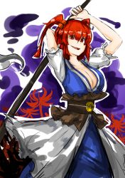 Rule 34 | 1girl, bad id, bad pixiv id, breasts, cleavage, flower, hair bobbles, hair ornament, huge breasts, japanese clothes, kankan33333, onozuka komachi, open mouth, red eyes, red hair, scythe, solo, spider lily, touhou, twintails, two side up