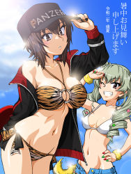 Rule 34 | 2girls, anchovy (girls und panzer), animal print, baseball cap, bikini, black headwear, black jacket, blue shorts, blue sky, breasts, brown eyes, brown hair, cloud, collarbone, commentary request, cowboy shot, drill hair, fox tail, girls und panzer, green hair, grin, hand on own hip, hat, highres, jacket, large breasts, long hair, looking at viewer, medium breasts, multiple girls, nishizumi maho, o-ring, o-ring bikini, o-ring top, oosaka kanagawa, parted lips, scrunchie, shochuumimai, short hair, shorts, side-tie bikini bottom, sky, small breasts, smile, swimsuit, tail, tiger print, twin drills, twintails, white jacket, wrist scrunchie