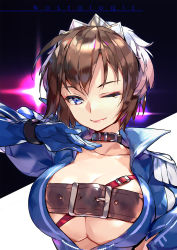 Rule 34 | 1girl, belt, belt collar, blue crystal (module), blue eyes, blue jacket, breasts, brown hair, collar, commentary, english commentary, epaulettes, feathers, hand up, highres, jacket, karpin, large breasts, lipstick, looking at viewer, makeup, meiko (vocaloid), nostalogic (vocaloid), one eye closed, open clothes, open jacket, short hair, smile, solo, song name, spotlight, tiara, upper body, vocaloid