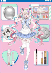 Rule 34 | 1girl, alternate costume, blonde hair, blue bow, blue eyes, blue footwear, blue hair, blue sailor collar, bow, chouzetsusaikawa tenshi-chan, commentary request, compact (cosmetics), cosmetics, dress, eyeshadow box, frilled dress, frills, full body, garter straps, hair bow, hand on own hip, heart, highres, lipstick tube, long hair, looking at viewer, maou (demonlord), mascara wand, multicolored hair, needy girl overdose, one eye closed, open mouth, outline, pink background, pink bow, pink hair, purple bow, quad tails, sailor collar, shoes, smile, sneakers, solo, standing, standing on one leg, thighhighs, very long hair, w, w over eye, white dress, white outline, white thighhighs, window (computing), wrist cuffs