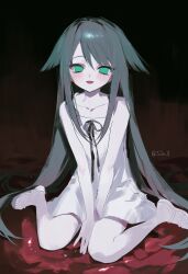 1girl absurdres between_legs black_background blush collarbone dress flat_chest green_eyes green_hair hair_between_eyes hair_flaps hand_between_legs highres long_hair looking_at_viewer no_pupils open_mouth pale_skin ribbon sandals saya_(saya_no_uta) saya_no_uta simple_background sin_090 sitting sketch sleeveless sleeveless_dress smile solo spaghetti_strap sundress twitter_username very_long_hair wariza white_dress