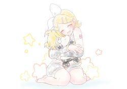 Rule 34 | 1girl, ahoge, arched back, bare legs, bare shoulders, barefoot, blonde hair, bow, character doll, chibi, detached sleeves, flat chest, grey sailor collar, grey shorts, grey sleeves, hair bow, hair ornament, hairclip, happy, head tilt, highres, holding, holding stuffed toy, hug, kagamine len, kagamine rin, kneeling, konoha mine, light blush, midriff, neckerchief, necktie, number tattoo, o o, open mouth, sailor collar, sailor shirt, shirt, short hair, short ponytail, shorts, shoulder tattoo, skinny, sleeveless, sleeveless shirt, smile, so moe i&#039;m gonna die!, solo, star (symbol), starry background, stuffed toy, swept bangs, tattoo, vocaloid, white bow, white shirt