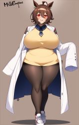 Rule 34 | 1girl, agnes tachyon (umamusume), ahoge, animal ears, artist name, blush, breasts, brown hair, buttons, coat, commentary request, curvy, earrings, full body, gradient background, grey background, hair between eyes, head tilt, highres, huge breasts, jewelry, kyosuke fujiwara, long sleeves, looking at viewer, medium hair, necktie, open mouth, pantyhose, plump, pocket, red eyes, shadow, shoes, sleeves past wrists, sneakers, solo, standing, thick thighs, thighs, umamusume, white coat, wide hips, wing collar