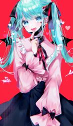 Rule 34 | 1girl, absurdres, aqua hair, banbiiiino0303, black bow, black ribbon, blue eyes, bow, clothes writing, ear piercing, earrings, eyelashes, eyeshadow, facial mark, fangs, frills, glint, hair bow, hair ornament, hairclip, hatsune miku, heart, heart facial mark, heart hair ornament, highres, jewelry, long hair, looking at viewer, makeup, mask, mask pull, mini wings, mouth mask, open mouth, piercing, pink eyeshadow, pinky ring, puffy sleeves, red background, red bow, red ribbon, ribbon, ring, simple background, solo, tongue, twintails, two-tone bow, vampire, vampire (vocaloid), vocaloid, wings