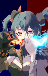 Rule 34 | 1girl, black dress, black gloves, blue dress, blue eyes, blue fire, breath weapon, breathing fire, claw pose, covering own mouth, dress, fire, gloves, hand over own mouth, hatsune miku, highres, open mouth, re lura, red eyes, salamander (vocaloid), solo, tongue, tongue out, twintails