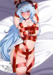 Rule 34 | 1girl, absurdres, ahoge, armpits, arms up, artist name, artist request, bare shoulders, bdsm, bed, bed sheet, bell, blue hair, blush, bondage, bound, breasts, christmas, cleavage, closed mouth, collarbone, detached sleeves, ganyu (genshin impact), genshin impact, gift, goat horns, groin, hair between eyes, half-closed eyes, highres, horns, large breasts, long hair, looking at viewer, lying, madsdross, medium breasts, naked ribbon, navel, nipples, on back, on bed, pillow, purple eyes, red ribbon, restrained, ribbon, ribbon bondage, signature, skindentation, smile, solo, thighs, very long hair