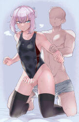 Rule 34 | 2boys, anal, bar censor, barefoot, bed sheet, black one-piece swimsuit, black thighhighs, blue eyes, blush, censored, clothing aside, collarbone, crossdressing, crossed bangs, deagle (deagleiii), erection, faceless, faceless male, full body, genderswap, genderswap (ftm), highleg, highleg swimsuit, highres, indoors, kantai collection, kneeling, looking at viewer, male focus, male penetrated, multiple boys, one-piece swimsuit, penis, penis out, pink hair, sex, sex from behind, shiranui (kancolle), short hair, swimsuit, swimsuit aside, testicles, thighhighs, thighs, yaoi