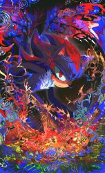 113rii 1boy abstract_background absurdres animal_ears animal_nose black_fur body_fur closed_mouth commentary furry furry_male highres male_focus red_eyes red_fur shadow_the_hedgehog shadow_the_hedgehog_(game) solo sonic_(series) white_fur