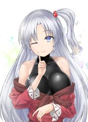 Rule 34 | 1girl, bare shoulders, blue eyes, blush, breasts, closed mouth, dress, hair bobbles, hair ornament, index finger raised, large breasts, lips, long hair, long sleeves, looking at viewer, off shoulder, one eye closed, one side up, red dress, shinki (touhou), silver hair, smile, solo, touhou, upper body, very long hair, y2