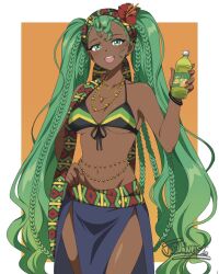 1girl alternate_skin_color bikini bikini_top_only bottle braid breasts commentary cross cross_necklace dark-skinned_female dark_skin earrings flower green_eyes green_hair hair_flower hair_ornament hand_on_own_hip hatsune_miku headscarf holding holding_bottle jacinth_peters jamaican_flag jewelry long_hair medium_breasts navel necklace open_mouth smile solo swimsuit twintails very_long_hair vocaloid worldwide_miku