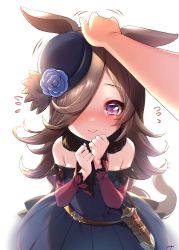 Rule 34 | 1girl, absurdres, animal ears, bare shoulders, black dress, black headwear, blue flower, blue rose, blush, breasts, brown hair, closed mouth, commentary request, dagger, dress, flower, flying sweatdrops, hair over one eye, hands up, hat, hat flower, headpat, highres, horse ears, horse girl, horse tail, knife, long sleeves, nose blush, off-shoulder dress, off shoulder, out of frame, purple eyes, rice shower (umamusume), rose, signature, simple background, sleeves past wrists, small breasts, smile, solo focus, tail, tilted headwear, umamusume, weapon, white background, yufukiri