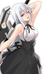 Rule 34 | 1girl, arm behind head, arm up, assault lily, bare arms, bare shoulders, black ribbon, black skirt, blue eyes, breasts, buttons, collared shirt, commentary request, cowboy shot, frilled skirt, frills, grey hair, hair between eyes, high-waist skirt, highres, holding, holding weapon, large breasts, long hair, looking at viewer, looking to the side, miniskirt, neck ribbon, outstretched arm, parted lips, ribbon, rosalinde friedegunde von otto, school uniform, shirt, shoulder tattoo, sidelocks, sideways glance, simple background, skirt, sleeveless, sleeveless shirt, solo, standing, suspender skirt, suspenders, tattoo, urutsu sahari, very long hair, weapon, weapon behind back, white background, white shirt, yurigaoka girls academy school uniform
