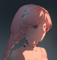 Rule 34 | 1girl, arknights, blue eyes, blue poison (arknights), braid, chack520, closed mouth, collar, collarbone, earrings, grey background, hairband, highres, jewelry, long hair, pink collar, pink hair, portrait, smile, solo, twin braids, twintails, white hairband