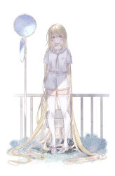 Rule 34 | 1girl, absurdly long hair, absurdres, bag, blonde hair, choker, expressionless, full body, garter straps, highres, holding, holding bag, loafers, long hair, looking at viewer, msa (fary white), original, parted lips, purple eyes, railing, sailor collar, school uniform, serafuku, shirt, shoes, short sleeves, shorts, slit pupils, solo, standing, thighhighs, very long hair, white choker, white footwear, white shirt, white shorts, white thighhighs