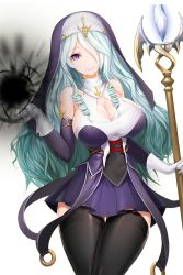 Rule 34 | 1girl, alkyde (soccer spirits), aqua hair, bare shoulders, black legwear, breasts, cleavage, crystal, dark persona, darkness, elbow gloves, gloves, habit, hair over one eye, highres, holding, holding staff, large breasts, looking at viewer, magic, nun, official art, pink hair, purple gloves, slit pupils, snowball22, soccer spirits, staff, transparent background, white gloves
