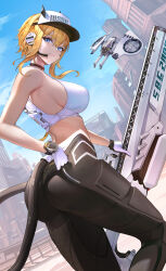 Rule 34 | 1girl, absurdres, ass, bandaid, bandaid on cheek, bandaid on face, bare shoulders, black choker, black gloves, black pants, blonde hair, blue eyes, blue sky, breasts, building, cable, choker, city, cloud, commentary, day, drone, earpiece, eru (eru illust), gloves, goddess of victory: nikke, gun, hair between eyes, hat, highres, holding, holding gun, holding weapon, large breasts, looking at viewer, maxwell (nikke), mechanical tail, midriff, outdoors, pants, parted lips, rifle, short hair, short hair with long locks, sideboob, sidelocks, sky, skyscraper, smile, sniper rifle, solo, sports bra, standing, standing on one leg, tail, tight clothes, tight pants, two-tone gloves, visor cap, weapon, white gloves, white hat, white sports bra