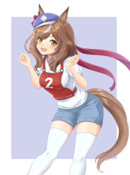 Rule 34 | 1girl, animal ears, blue background, blue hat, blue shorts, brown hair, cabbie hat, character name, clenched hands, commentary, ear piercing, gym shirt, gym shorts, gym uniform, hair ornament, hairclip, hat, highres, horse ears, horse girl, horse tail, kemuri (etep3372), leaning forward, looking at viewer, matikane tannhauser (umamusume), medium hair, multicolored hair, piercing, race bib, shirt, short sleeves, shorts, solo, streaked hair, t-shirt, tail, thighhighs, tilted headwear, translated, umamusume, white shirt, white thighhighs