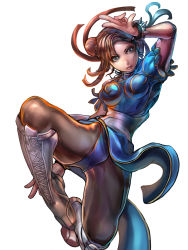 Rule 34 | 1girl, blue eyes, boots, bracelet, breasts, brown hair, bun cover, capcom, china dress, chinese clothes, chun-li, company connection, cross-laced footwear, double bun, dress, hair bun, highres, jewelry, kicking, knee boots, lace-up boots, lips, official art, onimusha soul, pantyhose, parted lips, pelvic curtain, sakai yuuki (yu kino), sakaiyuuki, sash, short hair, simple background, solo, spiked bracelet, spikes, street fighter, white background