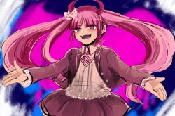 Rule 34 | 1girl, black jacket, blue background, blush, bow, child, collared shirt, danganronpa (series), danganronpa another episode: ultra despair girls, fake horns, hairband, headband, horned headwear, horns, jacket, long hair, long sleeved jacket, long sleeves, looking at viewer, lower teeth only, matching hair/eyes, multicolored background, nose, open mouth, outstretched arms, pink background, pink eyes, pink hair, pink hairband, pink headband, pink headwear, pink horns, polka dot, polka dot bow, shirt, simple background, sketch, teeth, tongue, twintails, utsugi kotoko, white background, white shirt