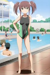 Rule 34 | bandaid, bandaid on face, barefoot, brown hair, cloud, hand on own hip, highres, hip focus, kissxsis, looking at viewer, one-piece swimsuit, outdoors, pool, screencap, sky, solo focus, standing, stitched, suminoe riko, swimsuit, third-party edit, twintails, water, yellow eyes