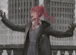 Rule 34 | 1other, akiyama mizuki, black coat, black gloves, closed eyes, coat, collared shirt, commentary request, cowboy shot, gloves, long hair, neck ribbon, open clothes, open coat, open collar, open mouth, outdoors, outstretched arms, pink hair, project sekai, rain, ratte (cf), red ribbon, ribbon, shirt, side ponytail, sidelocks, solo, teeth, upper teeth only
