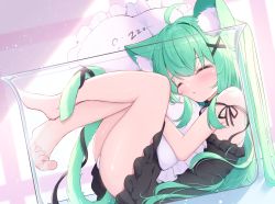 Rule 34 | 1girl, animal ear fluff, animal ears, ass, barefoot, black dress, blush, cat ears, cat girl, cat tail, dress, closed eyes, feet, fetal position, green hair, in container, knees to chest, legs, long hair, lying, mikaze oto, hugging object, on back, original, panties, pillow, pillow hug, ribbon, short dress, sleeping, soles, solo, tail, thighs, toes, underwear, white panties
