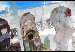 Rule 34 | 3girls, anastasia (fate), anastasia (swimsuit archer) (fate), anastasia (swimsuit archer) (second ascension) (fate), bare shoulders, beach, black gloves, black jacket, blue eyes, blush, braid, breasts, brown eyes, brown hair, cleavage, collarbone, doll, dress, dress swimsuit, fate/grand order, fate (series), flower wreath, food, fruit, gloves, goggles, goggles on head, hair over one eye, head wreath, highres, ice, jacket, large breasts, long hair, long sleeves, looking at viewer, low twintails, marie antoinette (fate), marie antoinette (fate/grand order), marie antoinette (swimsuit caster) (fate), marie antoinette (swimsuit caster) (second ascension) (fate), medium breasts, multiple girls, open mouth, osakabehime (fate), osakabehime (swimsuit archer) (fate), osakabehime (swimsuit archer) (first ascension) (fate), pineapple, silver hair, ski goggles, smile, table, twin braids, twintails, v, very long hair, viy (fate), white dress, yorurokujuu