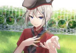 Rule 34 | 10s, 1boy, bad id, bad pixiv id, blue eyes, bush, collared shirt, fence, grass, hand on own chest, hat, highres, hyuuga masamune, male focus, outstretched hand, shirt, silver hair, smile, solo, touken ranbu, upper body, yuhi (hssh 6)