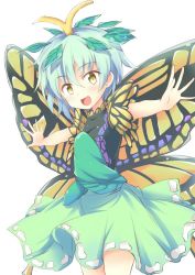 Rule 34 | 1girl, :d, antennae, blue hair, blush, butterfly wings, commentary request, cowboy shot, dress, eternity larva, green dress, green skirt, hair between eyes, hair ornament, head tilt, insect wings, leaf, leaf hair ornament, looking at viewer, open mouth, outstretched arms, short hair, simple background, skirt, sleeveless, sleeveless dress, smile, solo, spread arms, standing, suichuu hanabi, touhou, white background, wings, yellow eyes