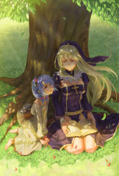 Rule 34 | 2girls, age difference, bare shoulders, barefoot, blonde hair, blue hair, book, child, dress, ecens, closed eyes, grass, hairband, highres, long hair, multiple girls, original, petals, purple eyes, short hair, short twintails, smile, tree, twintails