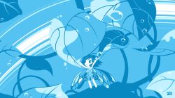Rule 34 | 1girl, blue theme, bubble, commentary request, holding, holding leaf, leaf, looking away, open mouth, original, revision, shinonoko, short hair, smile, solo, standing, tagme