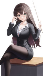 Rule 34 | 1girl, :o, absurdres, adjusting eyewear, alpha beast, black jacket, blazer, breasts, brown hair, brown pantyhose, button gap, buttons, cleavage, collarbone, collared jacket, collared shirt, commentary, crossed legs, feet out of frame, formal, glasses, green eyes, hands up, highres, holding, holding pointer, jacket, large breasts, light blush, long hair, looking at viewer, miniskirt, on table, original, pantyhose, pencil skirt, pointer, round eyewear, shirt, simple background, skirt, skirt suit, solo, straight hair, suit, table, teacher, thighs, v-shaped eyebrows, white background, white shirt