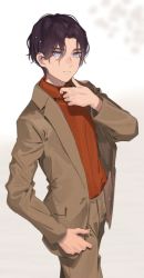 Rule 34 | 1boy, absurdres, bad id, bad pixiv id, black hair, blue eyes, brown jacket, brown pants, commentary, hand up, highres, jacket, koyoi mitsuki, long sleeves, looking at viewer, male focus, open clothes, open jacket, original, pants, parted bangs, red shirt, shirt, solo, standing