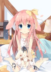 Rule 34 | 1girl, animal ears, bare shoulders, barefoot, bed sheet, bloomers, blue eyes, blush, book, bow, camisole, closed mouth, collarbone, ears down, hair between eyes, hair bow, highres, indoors, kushida you, lamp, long hair, looking at viewer, original, pillow, pink hair, rabbit ears, sitting, smile, solo, strap slip, stuffed animal, stuffed rabbit, stuffed toy, underwear, very long hair, wariza, white bloomers, white camisole, yellow bow
