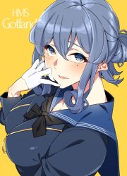 Rule 34 | 1girl, asakawa (outeq), black neckwear, blue eyes, blue sailor collar, blush, breasts, commentary, gloves, gotland (kancolle), grey hair, hair between eyes, hair bun, half gloves, kantai collection, large breasts, long hair, long sleeves, looking at viewer, looking up, military, military uniform, mole, mole under eye, open mouth, round teeth, sailor collar, sidelocks, simple background, single hair bun, solo, teeth, uniform, upper body, white gloves, yellow background