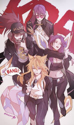 Rule 34 | 4girls, ahri (league of legends), akali, artist name, baseball cap, bebseo, black headwear, black jacket, black pants, blonde hair, breasts, brown hair, cleavage, crop top, crossed arms, detached wings, evelynn (league of legends), facial mark, fox tail, grey shirt, hair between eyes, hand in pocket, hat, highres, jacket, k/da (league of legends), k/da ahri, k/da akali, k/da evelynn, k/da kai&#039;sa, kai&#039;sa, league of legends, long hair, looking at viewer, looking to the side, medium breasts, midriff, multiple girls, official alternate costume, one eye closed, pants, parted bangs, pointing, pointing at viewer, purple-tinted eyewear, purple eyes, purple hair, shirt, speech bubble, stretching, sunglasses, tail, tinted eyewear, walking, whisker markings, white shirt, wings, yawning, yellow eyes