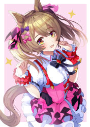 Rule 34 | 1girl, absurdres, animal ears, blush, border, bow, brown hair, center frills, commentary request, dress, frilled dress, frills, hair bow, hanamura pink, highres, horse ears, horse girl, horse tail, looking at viewer, medium hair, open mouth, petticoat, pink background, pink dress, puffy short sleeves, puffy sleeves, red bow, scrunchie, short sleeves, simple background, smart falcon (umamusume), smile, solo, sparkle, tail, twintails, umamusume, white border, wrist scrunchie, yellow eyes