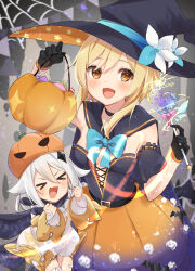 Rule 34 | &gt; &lt;, 2girls, :d, arm up, basket, bat (animal), black cape, black choker, black gloves, blonde hair, blue bow, blue ribbon, blush, bow, candy, cape, choker, clenched hands, commentary request, floating, flower, food, genshin impact, gloves, gradient background, halloween, halloween costume, happy, hat, hat flower, hat ribbon, lollipop, long hair, long sleeves, looking at viewer, lumine (genshin impact), mayu-mayu1026, medium hair, multiple girls, open mouth, orange skirt, paimon (genshin impact), puffy short sleeves, puffy sleeves, ribbon, ribbon choker, short sleeves, skirt, smile, staff, standing, upper body, white hair, witch hat, yellow eyes