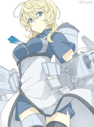 Rule 34 | 1girl, blonde hair, blue eyes, blue neckerchief, breasts, cannon, collared shirt, fubupula, gloves, gradient neckerchief, gradient necktie, grey necktie, hair between eyes, hair ornament, hairclip, highres, kantai collection, long hair, looking at viewer, machinery, medium breasts, medium hair, military, military uniform, neckerchief, necktie, overskirt, pencil skirt, rigging, shirt, short sleeves, skirt, smile, solo, thighhighs, turret, tuscaloosa (kancolle), uniform, white gloves