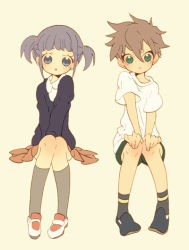 Rule 34 | 1boy, 1girl, bad id, bad pixiv id, brown hair, fudou akio, green eyes, guilty, inazuma eleven, inazuma eleven (series), kudou fuyuka, purple eyes, purple hair, short twintails, skirt, tsumi guilty, twintails, aged down