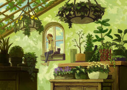 Rule 34 | 1girl, animal, barefoot, black cat, blue sky, brown hair, cat, closed eyes, cloud, commentary request, day, flower, green theme, hanging plant, highres, indoors, leaf, long hair, monaka (siromona), original, overalls, pants, plant, potted plant, purple flower, scenery, shirt, sitting, sky, smile, solo, tree, vines, white flower, wide shot, window, windowsill, yellow flower