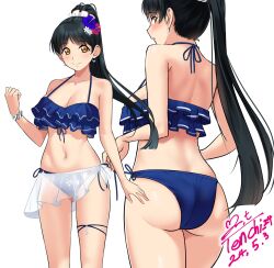 Rule 34 | 1girl, ass, bikini, black hair, blue bikini, blush, bracelet, breasts, cleavage, commentary request, earrings, flower, frilled bikini, frills, hair flower, hair ornament, hair scrunchie, hazuki ren, highres, jewelry, large breasts, long hair, looking at viewer, looking back, love live!, love live! superstar!!, multiple views, navel, necklace, open mouth, ponytail, scrunchie, see-through, see-through skirt, skirt, smile, swimsuit, white background, yellow eyes, yoo tenchi