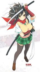 Rule 34 | 10s, 1girl, absurdres, asuka (senran kagura), breasts, brown eyes, female focus, full body, highres, holding, holding sword, holding weapon, katana, large breasts, lowres, official art, ponytail, scan, school uniform, senran kagura, senran kagura (series), senran kagura new link, senran kagura new wave, shoes, simple background, solo, standing, sword, weapon, white background, yaegashi nan, yellow eyes
