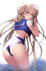Rule 34 | 1girl, absurdres, ahoge, ass, azur lane, bad id, bad twitter id, bikini, blue bikini, braid, braided bun, breasts, brown hair, bubble, commentary request, double bun, formidable (azur lane), hair bun, highres, large breasts, long hair, looking at viewer, looking back, midriff, monini, red eyes, sailor collar, solo, sparkle, standing, swimsuit, twintails, underboob, very long hair, wading, water, wet, white background