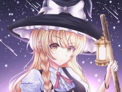Rule 34 | 1girl, artist name, black dress, black hat, black sky, blonde hair, bow, bowtie, braid, breasts, broom, closed mouth, collar, collared shirt, dress, evermythic, frills, gradient sky, hair between eyes, hair bow, hat, hat bow, highres, kirisame marisa, lamp, light, long hair, looking at viewer, medium breasts, night, night sky, pink bow, pink bowtie, puffy short sleeves, puffy sleeves, purple sky, shirt, short sleeves, single braid, sky, solo, star (sky), starry sky, touhou, upper body, white bow, white sleeves, witch hat, yellow eyes